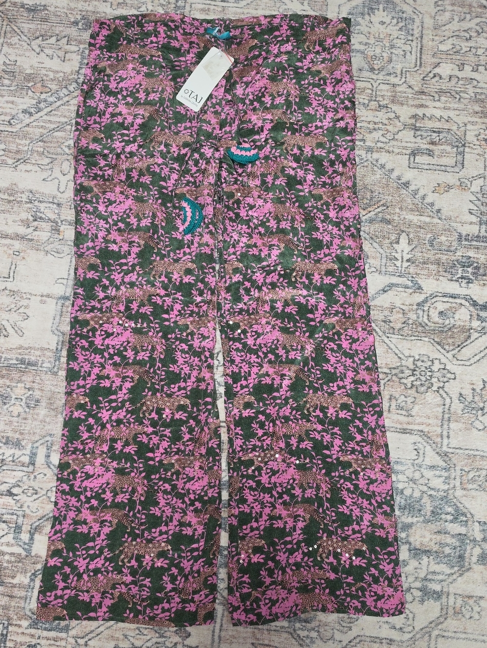 NWT TAJ By Sabrina Crippa Womens Small Green/Pink Floral Leopard Wide-Leg Pants